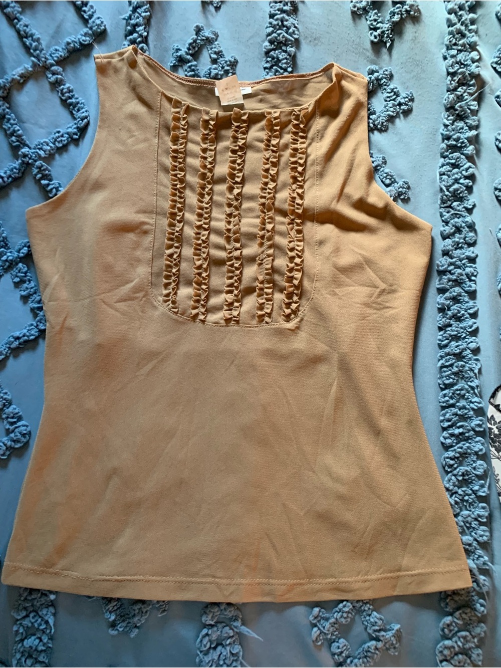Vintage Y2K Charlotte Russe Sheer Tan Ruffle Bib Tank Top with Scoop Neckline